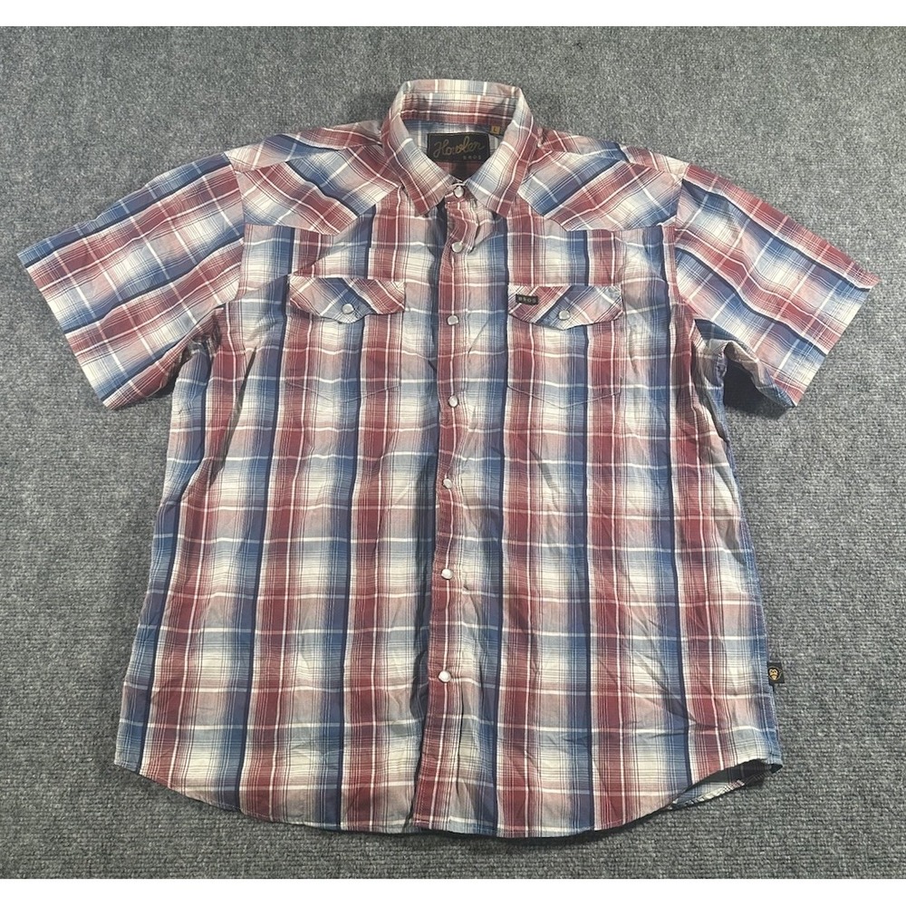 Howler Bros Mens Large Red Blue Plaid Western Pearl Snap Cowboy Shirt